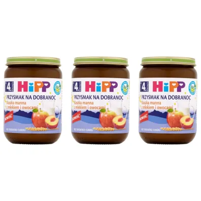 Hipp Przysmak na Dobranoc Kaszka manna z mlekiem i owocami po 4. miesi�cu zestaw 3 x 190 g Bio