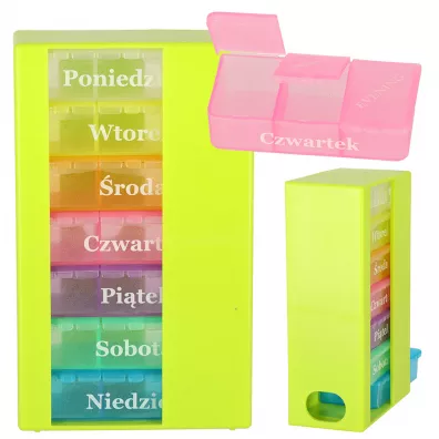 Pude�ko organizer na leki na tabletki kasetka 7 dni 3 pory dnia 4 j�zyki