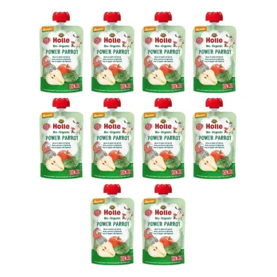 Holle Mus Silna papuga (gruszka - jab�ko - szpinak) bezglutenowy od 6 miesi�ca Demeter Zestaw 10 x 100 ml