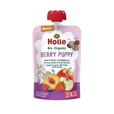 Holle Mus Jagodowy piesek (jab�ko - brzoskwinia - owoce le�ne) od 8 miesi�ca Demeter 100 g Bio