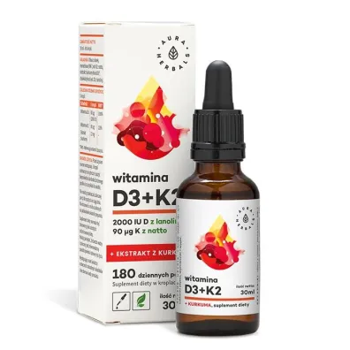Aura Herbals Witamina D3 (2000 IU) + K2mk7 z ekstraktem z kurkumy NovaSOL Suplement diety 30 ml