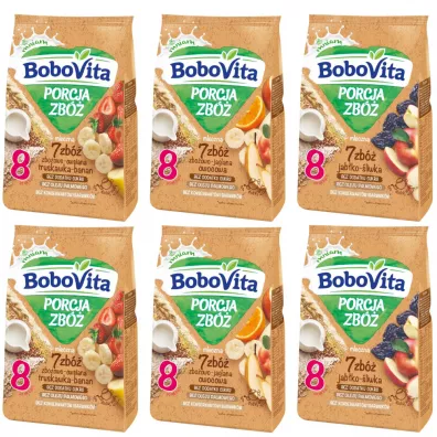 BoboVita Porcja Zb� Kaszka mleczna 7 zb� MIX po 8. miesi�cu zestaw 6 x 210 g