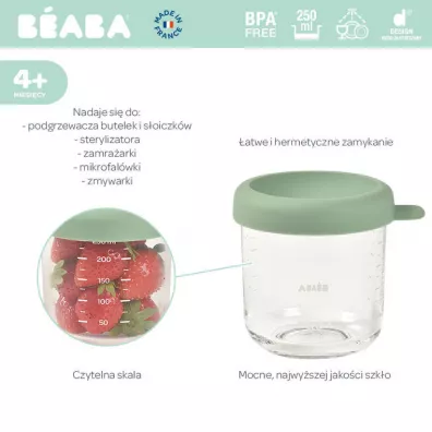Beaba Pojemnik soiczek szklany z zamkniciem Sage green 250 ml