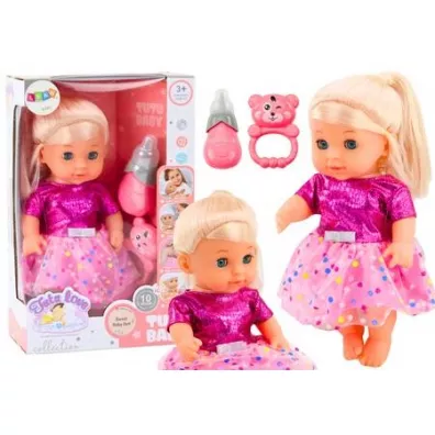 Lalka w r�owej sukience siusiaj�ca butelka d�wi�k LeanToys