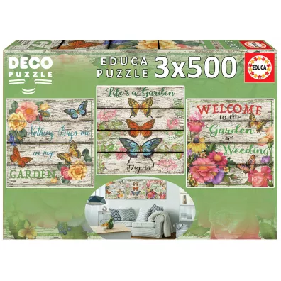 Puzzle 3x500 el. Kwiaty i motyle Educa