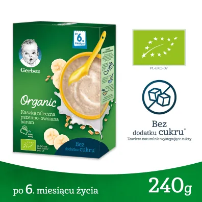 Gerber Organic Kaszka mleczna pszenno owsiana banan dla niemowl�t po 6 miesi�cu 240 g Bio