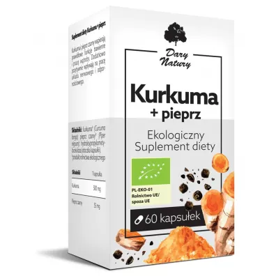Dary Natury Kurkuma z czarnym pieprzem 555 mg Suplement diety 60 kaps. Bio