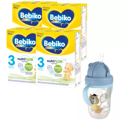 Bebiko Junior 3 Od�ywcza formu�a na bazie mleka dla dzieci powy�ej 1. roku �ycia + Canpol Babies Kubek niekapek z rurk� i odwa�nikiem niebieski Bonjour Paris 270 ml GRATIS 4 x 600 g