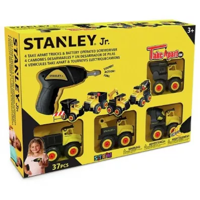 Zestaw 4 pojazdw mini do zoenia +wkrtarka 37el Stanley