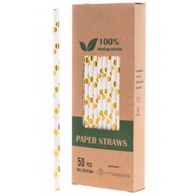 Biodegradowalni Naturalne papierowe somki do napojw Zote kropki 19,7 x 0,6 cm 50 szt.