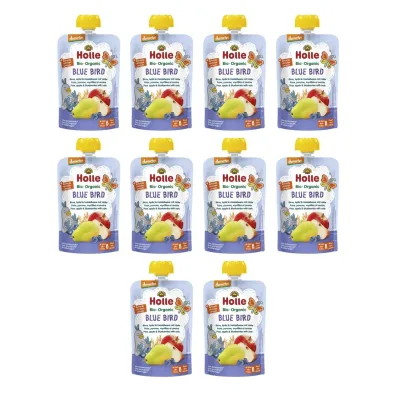 Holle Mus niebieski ptak (Gruszka - Jab�ko - Jagoda - Owies) od 6 miesi�ca Demeter Zestaw 10 x 100 ml Bio