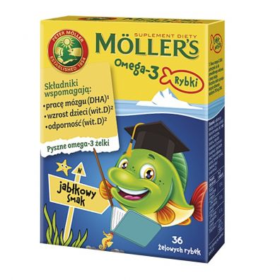 Moller`s Omega-3 Rybki elki z kwasami omega-3 i witamin D3 dla dzieci Jabkowe - suplement diety 36 szt.