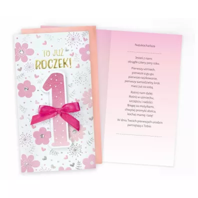 Kukartka Karnet Urodziny Roczek r�owe kwiatki