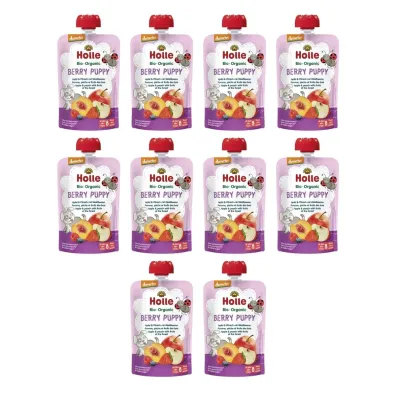 Holle Mus Jagodowy piesek (jab�ko - brzoskwinia - owoce le�ne) od 8 miesi�ca Demeter Zestaw 10 x 100 ml Bio