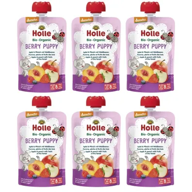 Holle Mus Jagodowy piesek (jab�ko - brzoskwinia - owoce le�ne) od 8 miesi�ca Demeter zestaw 6 x 100 g Bio