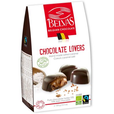 Belvas Belgijskie czekoladki serca z karmelem i solą morską fair trade bezglutenowe 100 g Bio