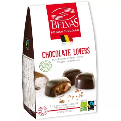 Belvas Czekoladki belgijskie serca z karmelem i sol morsk fair trade bezglutenowe 100 g Bio