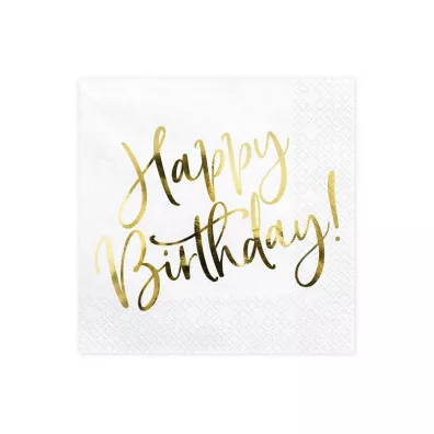 PartyDeco Serwetki Happy Birthday bia�e 33x33 cm