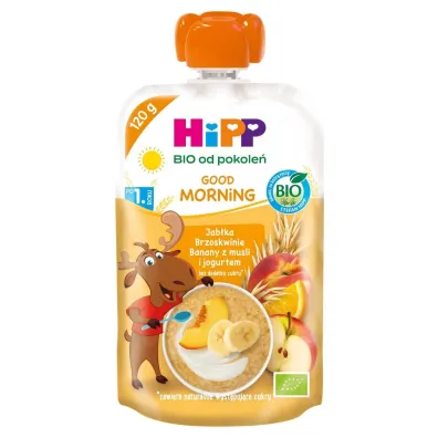 Hipp Good Morning Mus owocowy jab�ka brzoskwinie banany z musli i jogurtem po 1. roku 120 g Bio
