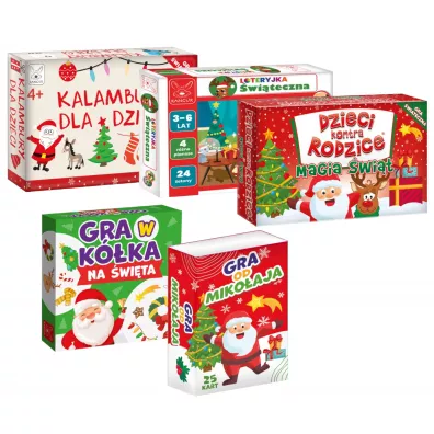Zestaw gier �wi�tecznych: Gra od Miko�aja, Loteryjka �wi�teczna, Gra w K�ka na �wi�ta, Dzieci kontra Rodzice. Magia �wi�t, Kalambury dla dzieci. Gra �wi�teczna