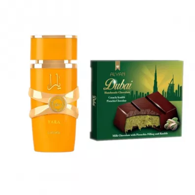 Lattafa Woda perfumowana Yara Tous + Alyan Dubajska Czekolada Mleczna z Nadzieniem Pistacjowym i Kunaf Zestaw 100 ml + 100 g