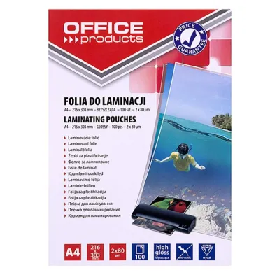Folia do laminowania A4 Office Products 2x80mikr b�yszcz�ca 100szt. transparentna