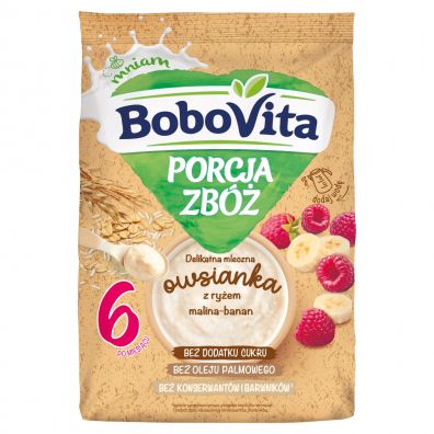 BoboVita Porcja zb Delikatna mleczna owsianka z ryem malina-banan po 6. miesicu 210 g
