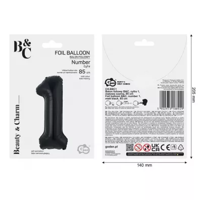 Godan Balon foliowy B&C cyfra 1 matowa czarna 85cm