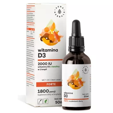 Aura Herbals Witamina D3 Forte 2000 IU w kroplach z olejem MCT z kokosa Suplement diety 50 ml