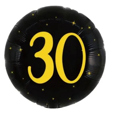 Balon foliowy 30 urodziny, okr�g�y, czarno z�oty, 45cm