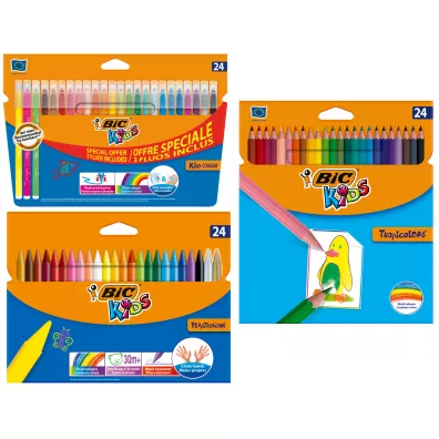 Bic Pakiet: Flamastry Kid Couleur Fluo, Kredki Kids Tropicolors, Kredki �wiecowe Plastidecor + Torba prezentowa gratis