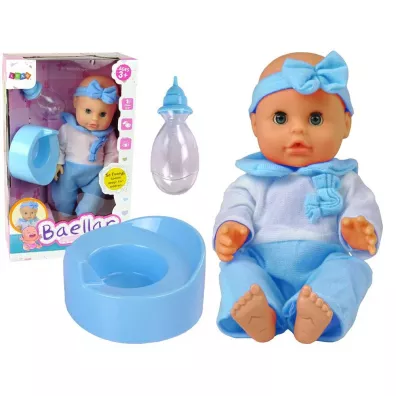 Lalka w niebieskiej pi�amie pije, butelka, nocnik LeanToys
