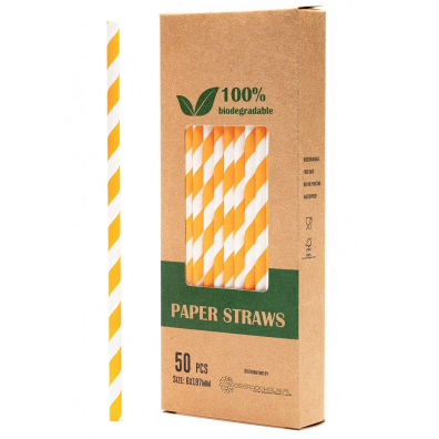 Biodegradowalni Naturalne papierowe somki do napojw Pomaraczowe pasy 19,7 x 0,6 cm 50 szt.