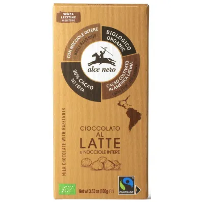 Alce Nero Czekolada mleczna z orzechami laskowymi fair trade 100 g Bio