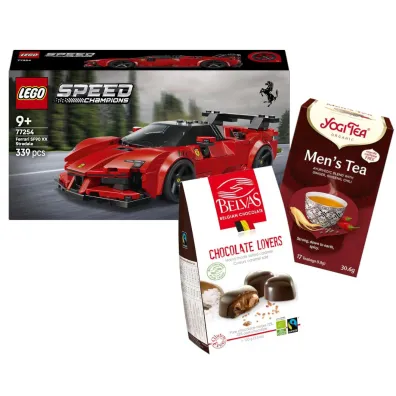 Pakiet: Samoch�d sportowy Ferrari SF90 XX Stradale 77254, Belvas Czekoladki belgijskie serca z karmelem i sol� morsk� fair trade bezglutenowe 100 g Bio, Herbatka dla m�czyzn (mens tea)
