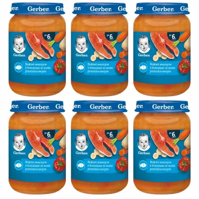 Gerber Obiadek bukiet warzyw z ososiem w sosie pomidorowym dla niemowlt po 6 miesicu zgrzewka 6 x 190 g