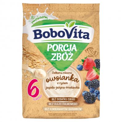 BoboVita Porcja zbóż Delikatna mleczna owsianka z ryżem jagoda-jeżyna-truskawka po 6. miesiącu Zestaw 3 x 210 g