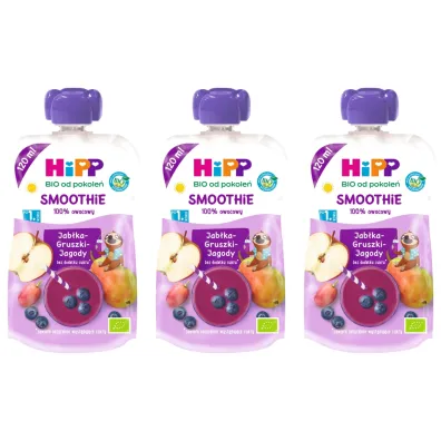 Hipp Smoothie Mus z owoc�w i sok�w po 1. roku jab�ka-gruszki-jagody zestaw 3 x 120 ml Bio