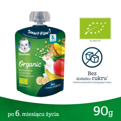Gerber Organic Deserek w tubce banany mango z jogurtem i patkami zb dla niemowlt po 6 miesicu 90 g Bio