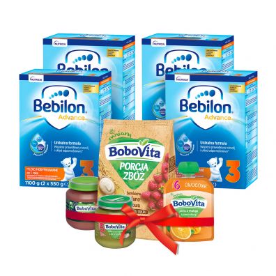 Bebilon Zestaw 3 Pronutra-Advance Mleko modyfikowane po 1. roku ycia + Mus + Przecier owocowy + Kaszka bezmleczna + Obiadek 4 x 1100 g + 85 g + 125 g + 170 g + 125 g