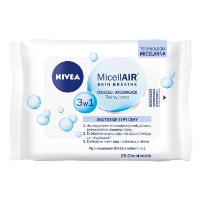 Nivea MicellAir Skin Breathe chusteczki do demakijau twarzy i oczu 3w1 wszystkie typy cery. 25 szt.