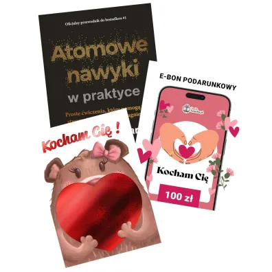 Pakiet: Atomowe nawyki w praktyce. Proste �wiczenia, kt�re pomog� ci stworzy� �ycie, jakiego pragniesz, Karnet B6 z kopert� z�ocona Mi�ka Walentynki, e-Bon Karta Podarunkowa Kocham Ci� 100 z� TaniaKsiazka.pl