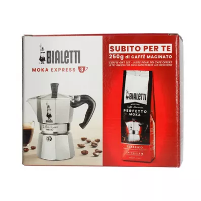 Bialetti Zestaw Moka Express 3tz + kawa Perfetto Moka Classico 150 ml