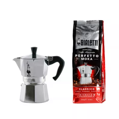Bialetti Zestaw Moka Express 3tz + kawa Perfetto Moka Classico 150 ml
