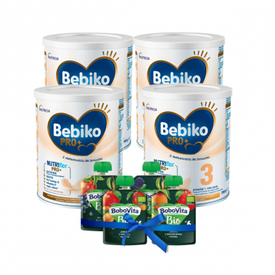 BoboVita Bebiko Pro+ 3 Mleko modyfikowane dla dzieci powyżej 1. roku życia + Mix musów Zestaw 4 x 700 g + 4 x 80 g