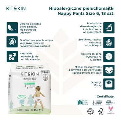Kit and Kin Pieluchomajtki Nappy Pants 6 XL (12-17 kg), Hedgehog/Racoon 18 szt.