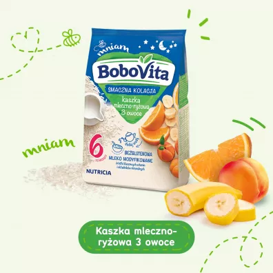 BoboVita Smaczna Kolacja Kaszka mleczno-ryowa 3 owoce po 6 miesicu 230 g