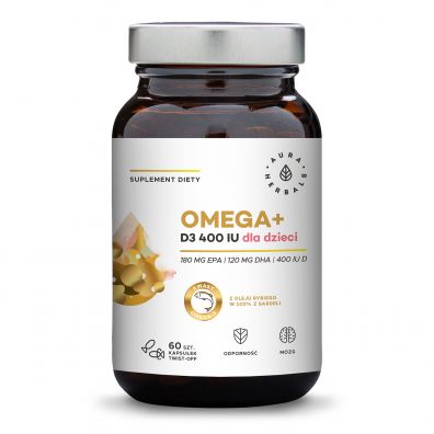 Aura Herbals Omega+ Witamina D3 400 IU dla dzieci, kapsułki twist-off - suplement diety 60 kaps.