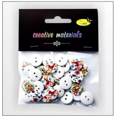Galeria Hobby Guziki drewniane nadruk kwiaty bia�e 15mm