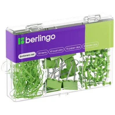 Zestaw zielony: 70 spinaczy, 40 pinezek tablicowych, 10 klip�w, berlingo